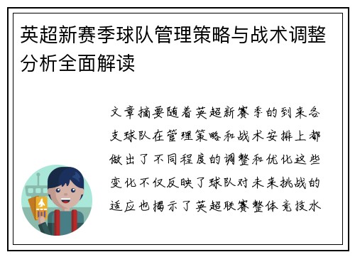英超新赛季球队管理策略与战术调整分析全面解读